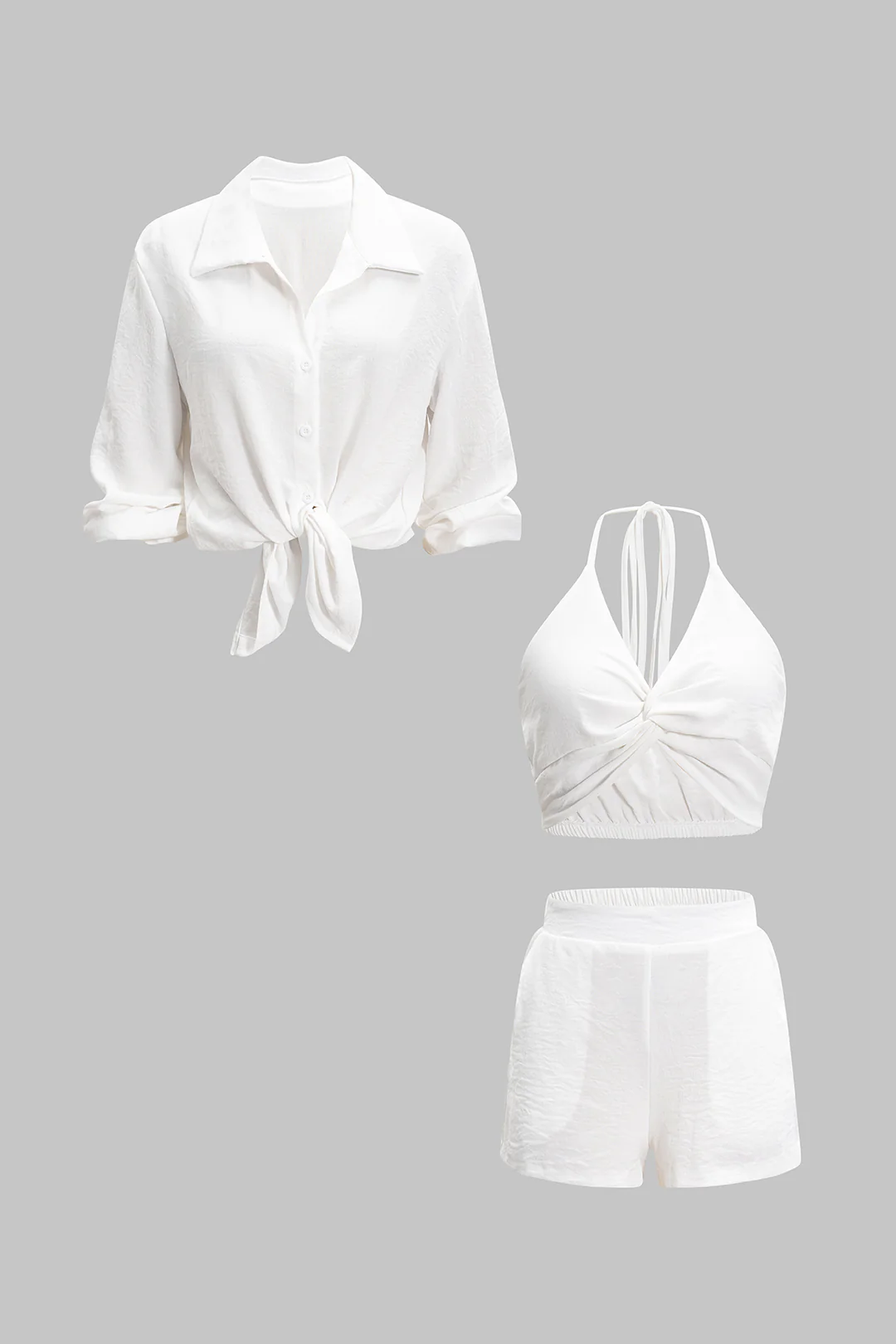 Solid Tie-Up Cut Out Cropped Top And Long Sleeve Shirt And Wide Leg Shorts Set - Image 6