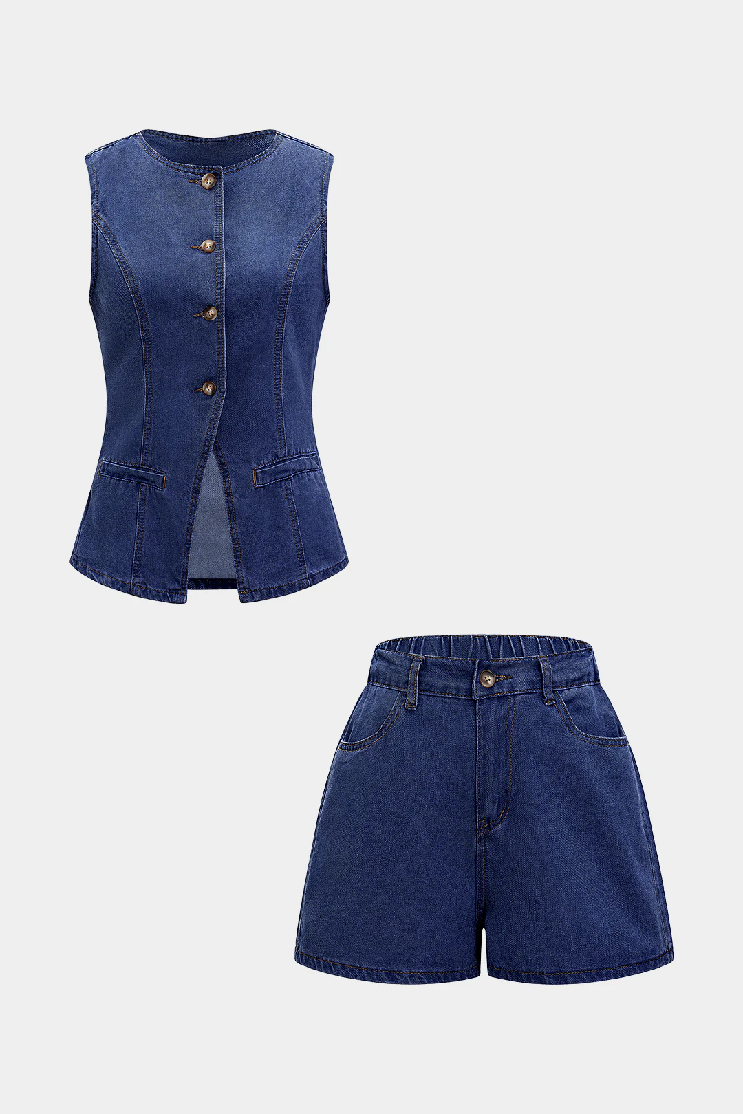Denim Round Neck Button Sleeveless Top And High Waist Pocket Shorts Set