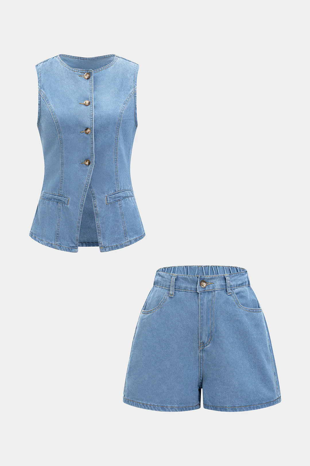 Denim Round Neck Button Sleeveless Top And High Waist Pocket Shorts Set - Image 5
