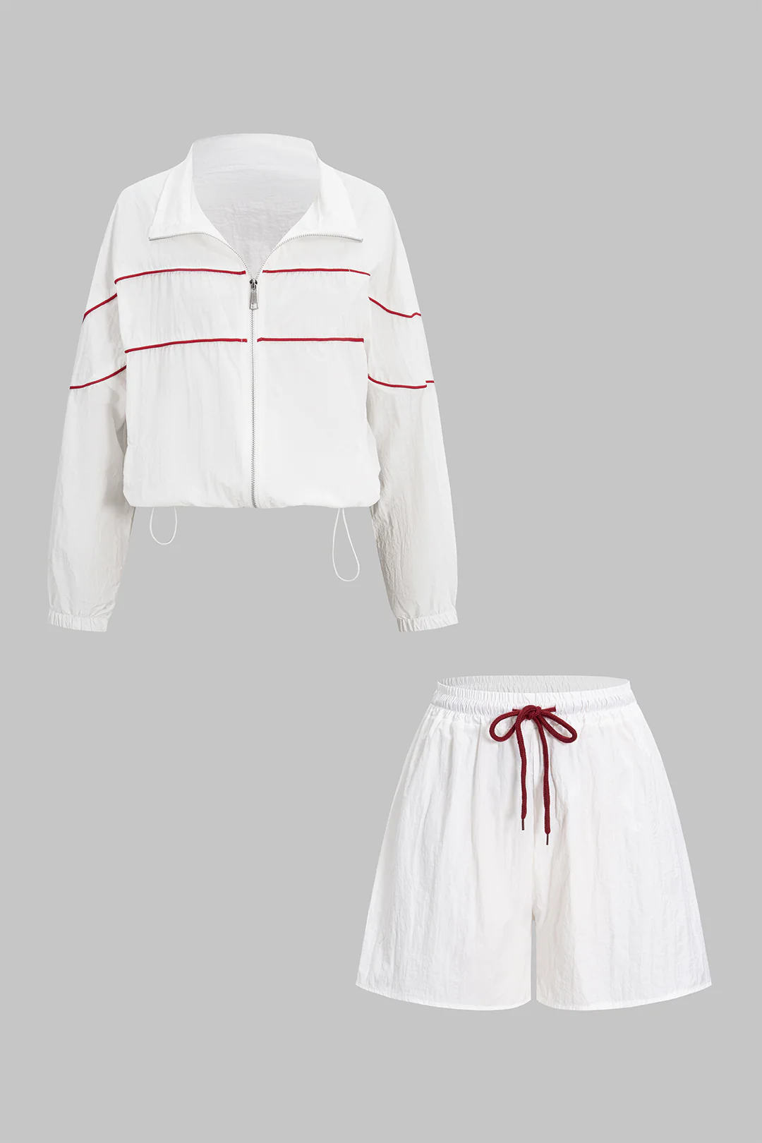 Contrast Binding Zipper Long-Sleeve Top And Tie-Up Wide Leg Shorts Set - Image 2