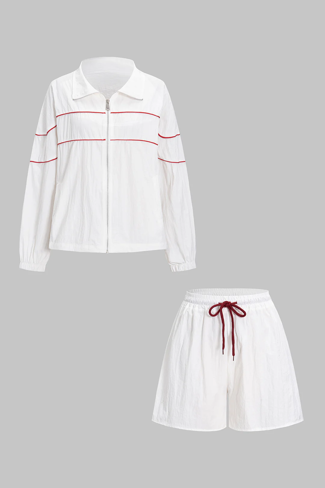 Contrast Binding Zipper Long-Sleeve Top And Tie-Up Wide Leg Shorts Set - Image 3
