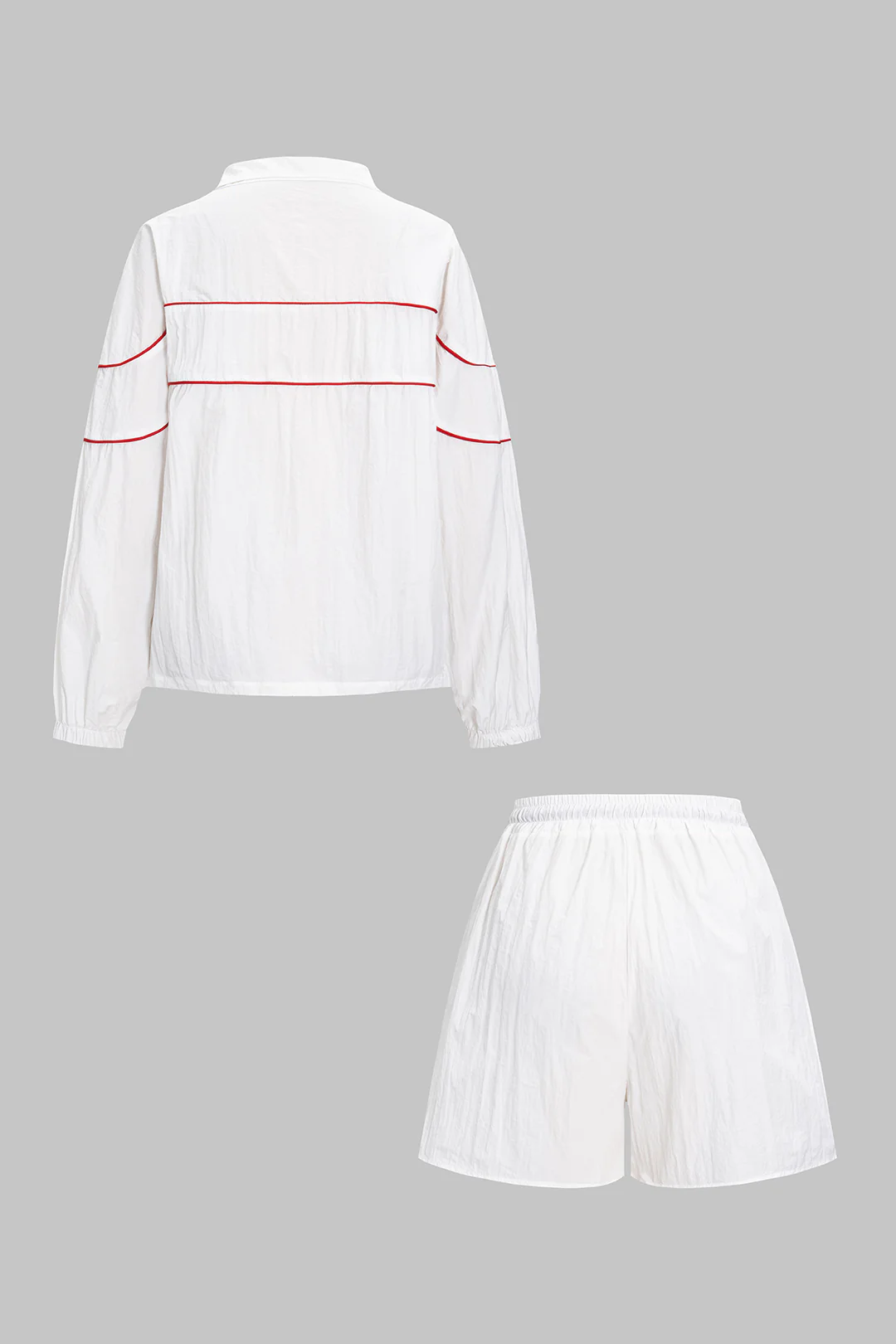 Contrast Binding Zipper Long-Sleeve Top And Tie-Up Wide Leg Shorts Set - Image 4