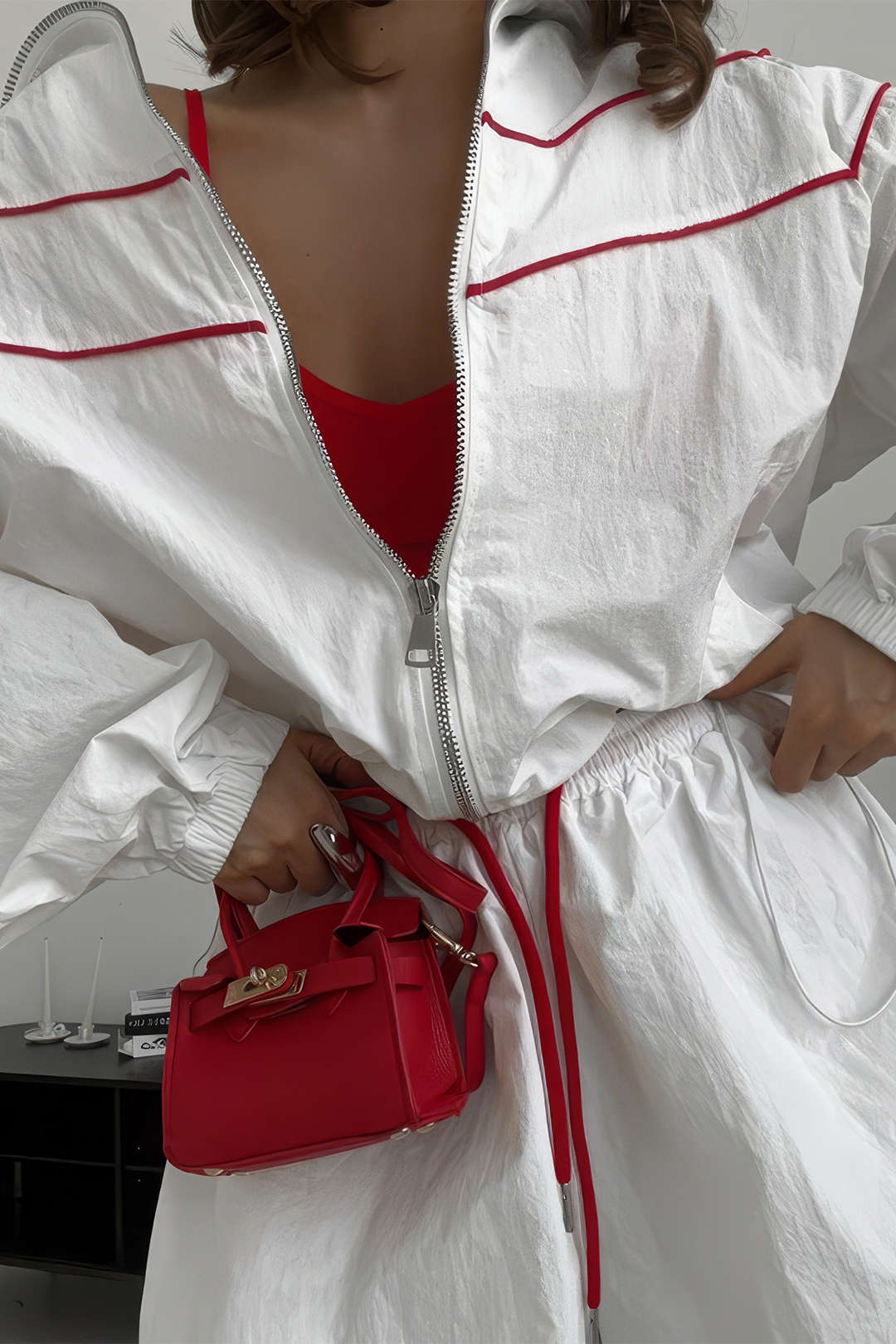 Contrast Binding Zipper Long-Sleeve Top And Tie-Up Wide Leg Shorts Set - Image 8