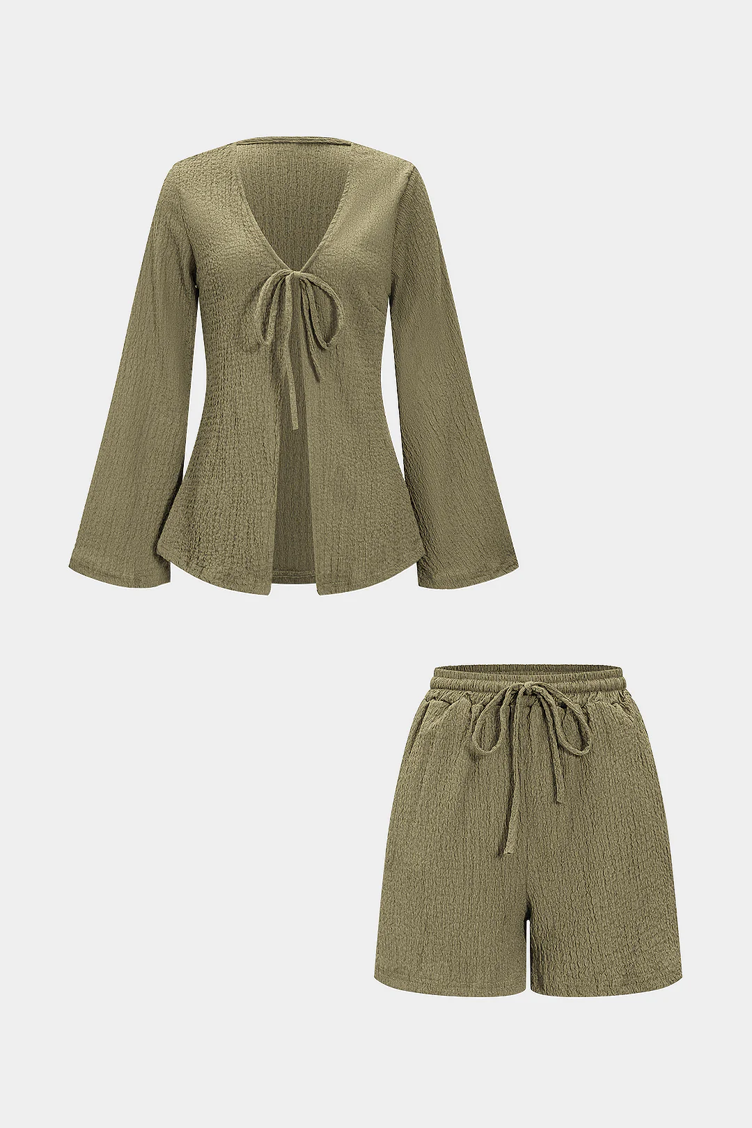 Tie-Up Ribbed Long-Sleeve Top And Shorts Set - Image 10