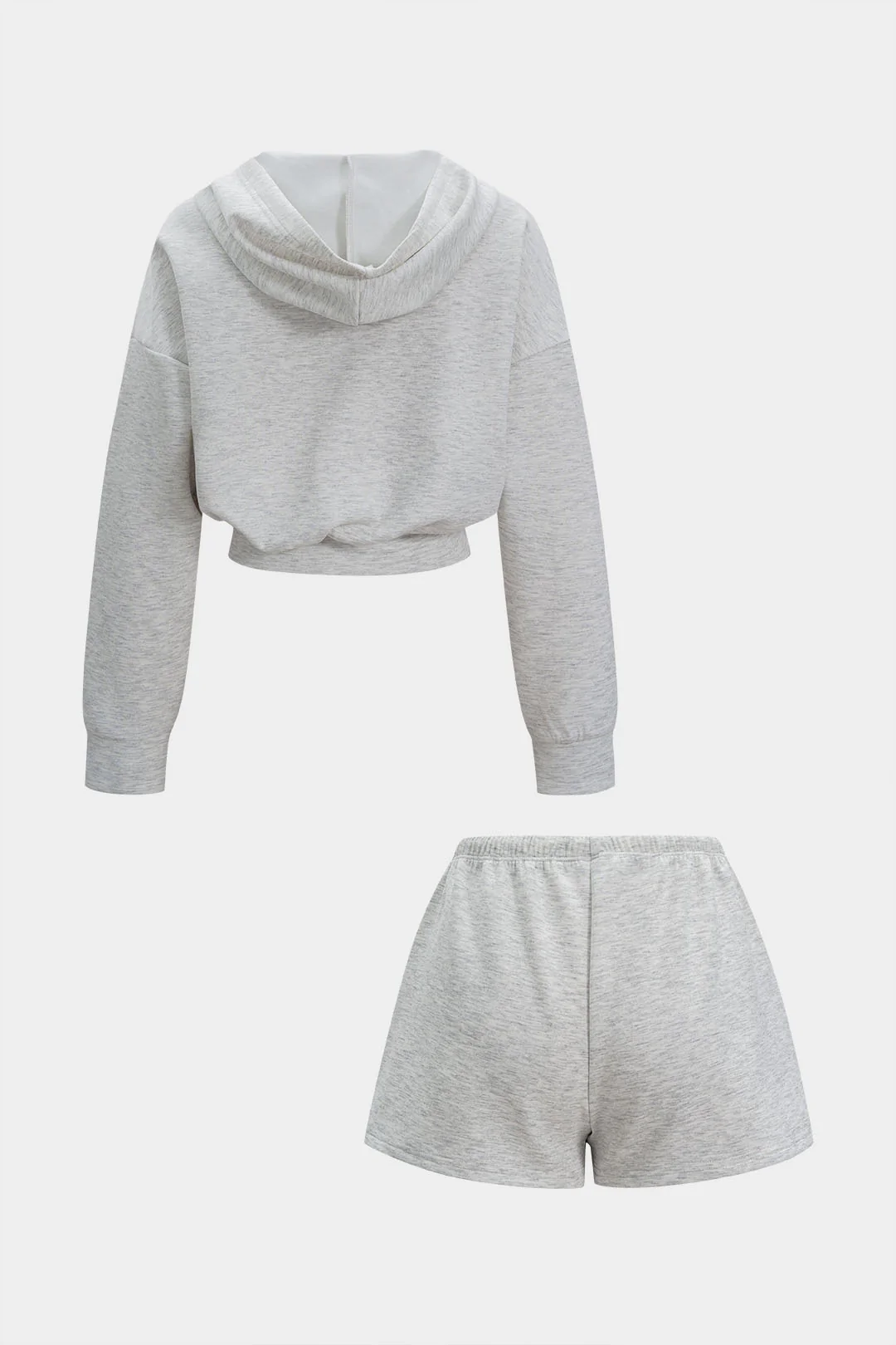 Hooded Pocket Zipper Long Sleeve Sweatshirt And Drawstring Shirred Waistband Shorts Set - Image 2
