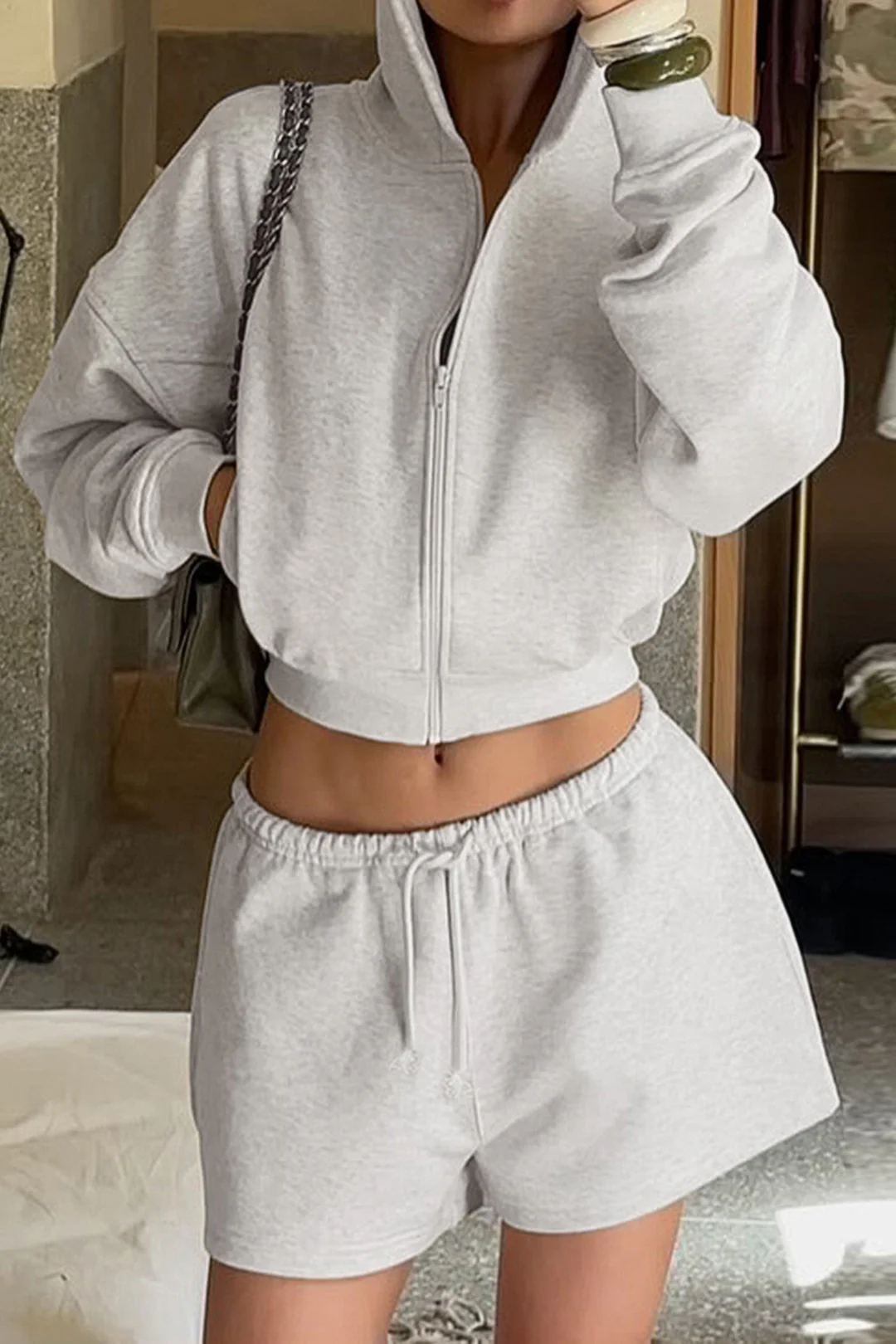 Hooded Pocket Zipper Long Sleeve Sweatshirt And Drawstring Shirred Waistband Shorts Set - Image 5