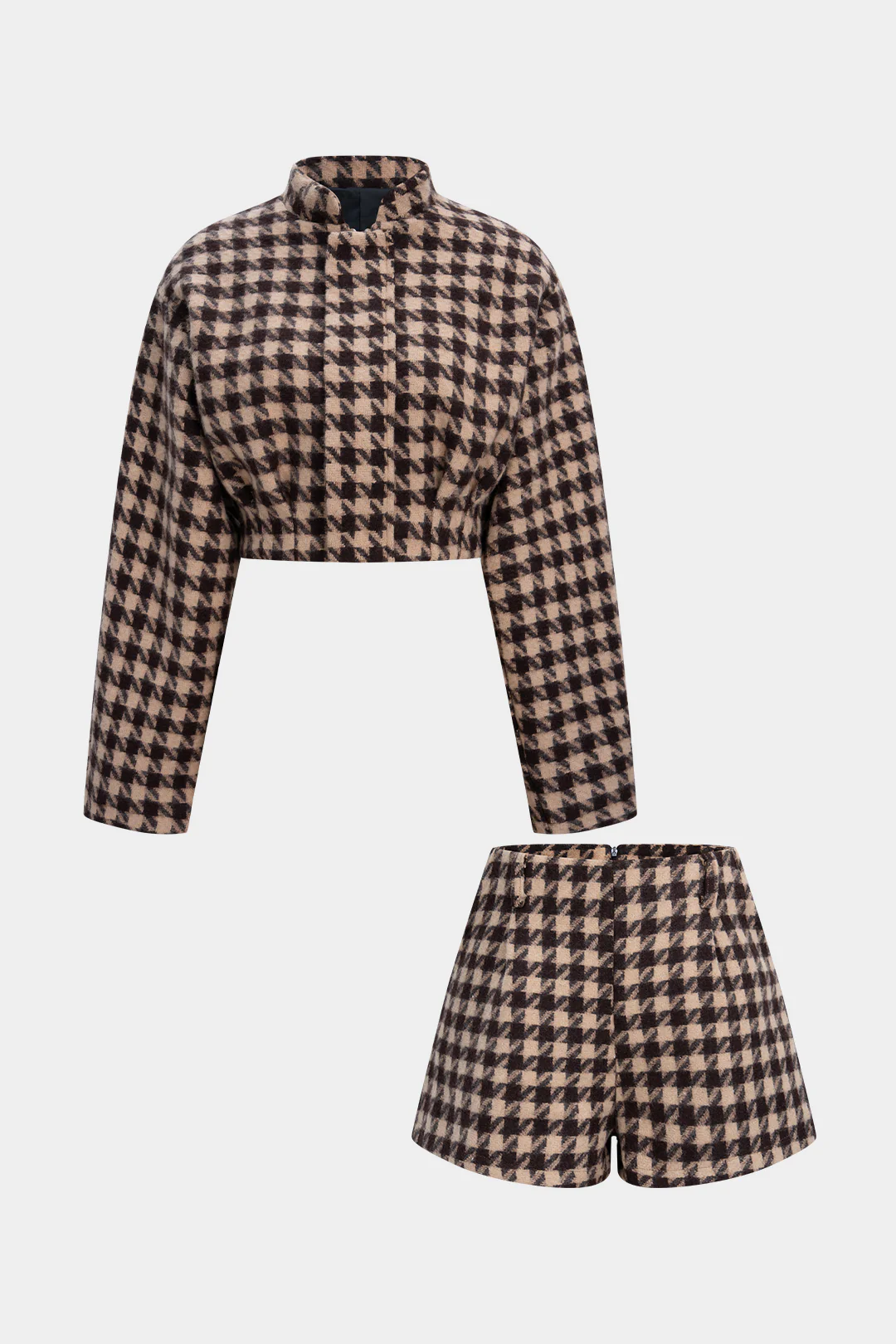 Houndstooth Print Long-Sleeve Top And Zipper Shorts Set