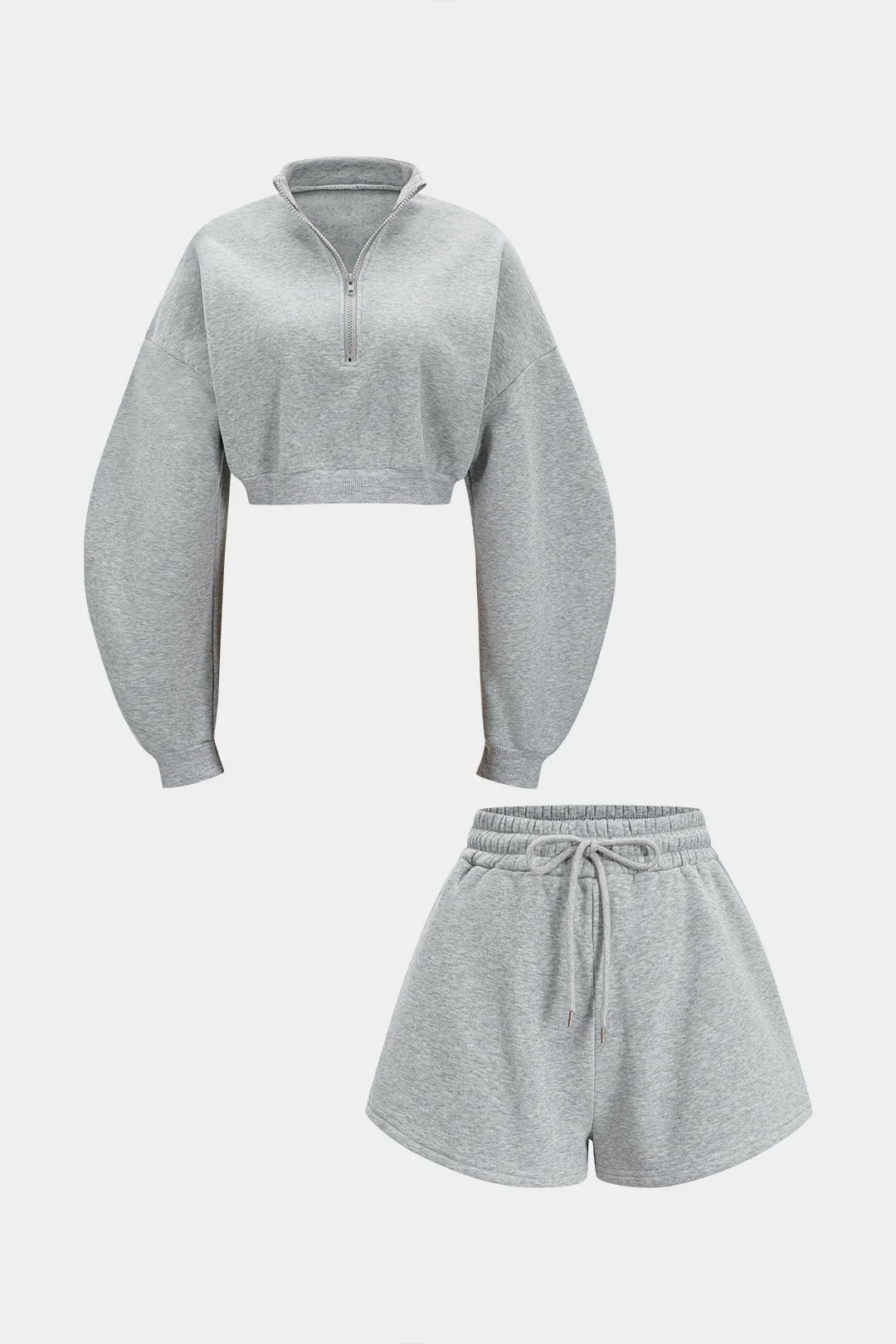 Solid Zipper Long Sleeve Cropped Sweater And Drawstring Wide Leg Shorts Set - Image 6