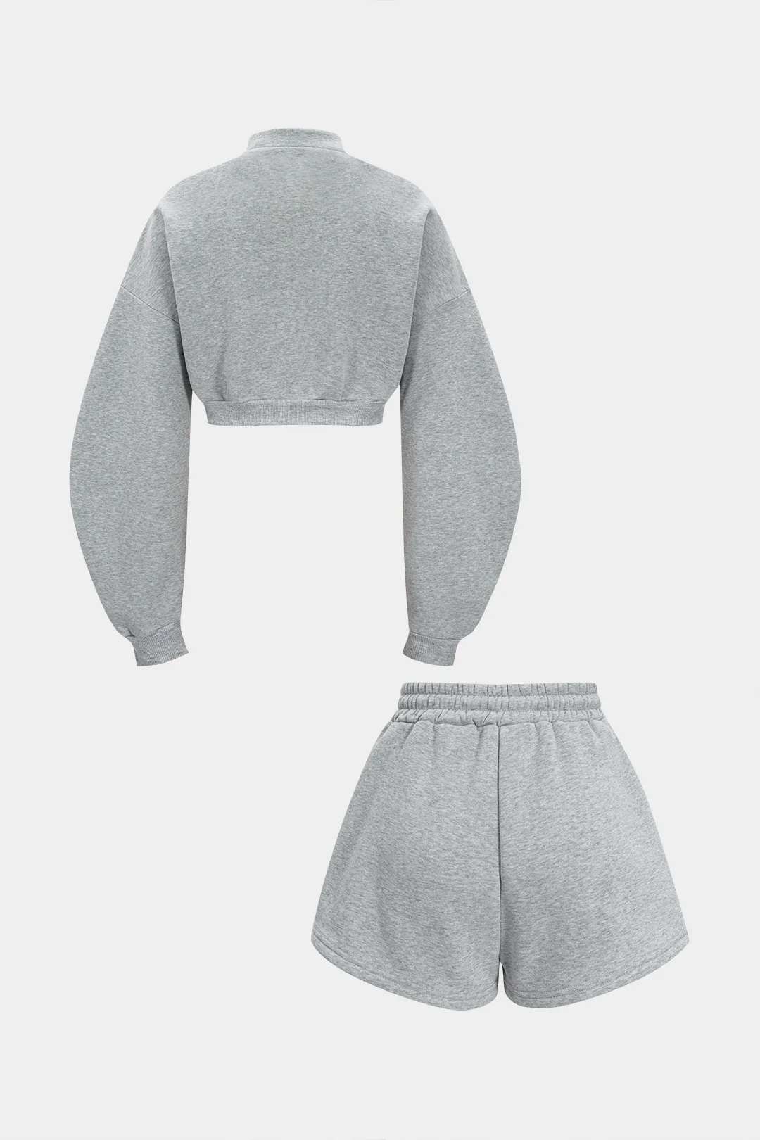 Solid Zipper Long Sleeve Cropped Sweater And Drawstring Wide Leg Shorts Set - Image 7