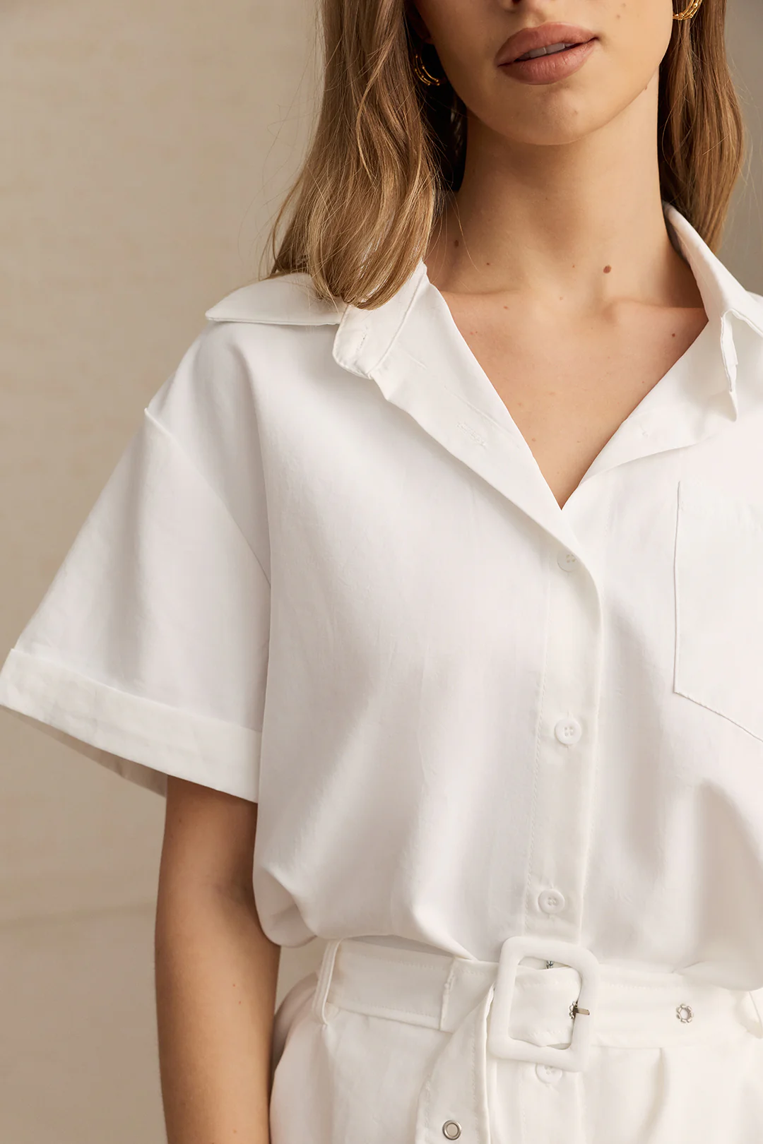 Belted Lapel Pocket Short Sleeve Shirt And High Waist Wide Leg Shorts Set - Image 3