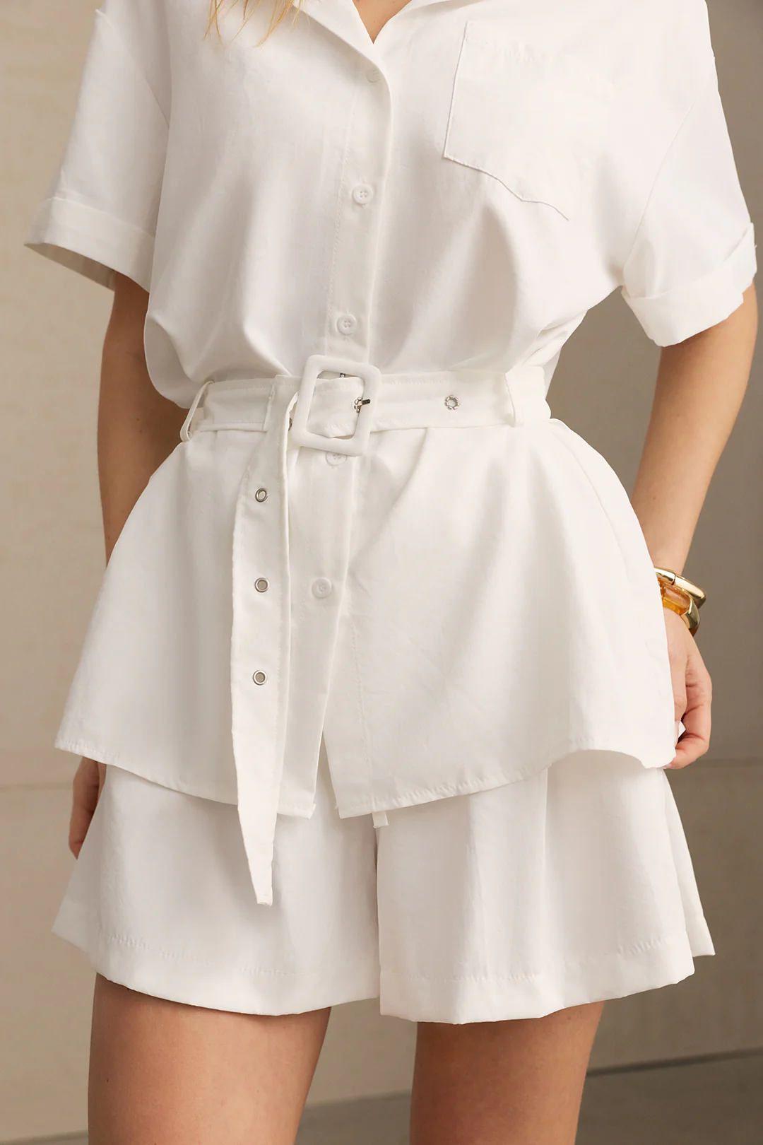 Belted Lapel Pocket Short Sleeve Shirt And High Waist Wide Leg Shorts Set - Image 4