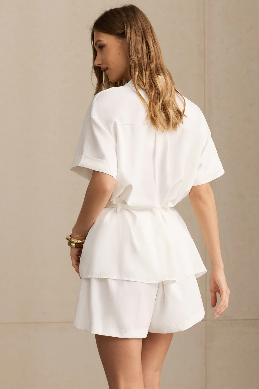 Belted Lapel Pocket Short Sleeve Shirt And High Waist Wide Leg Shorts Set - Image 5
