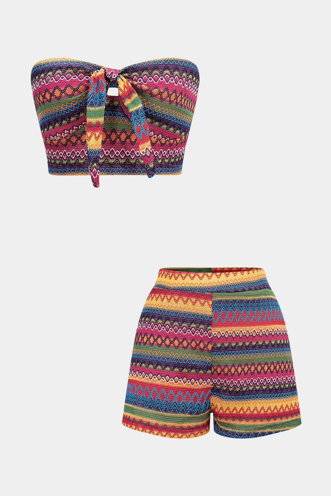 Multicolor Striped Tie Front Cropped Tube Top And High Waist Shorts Set