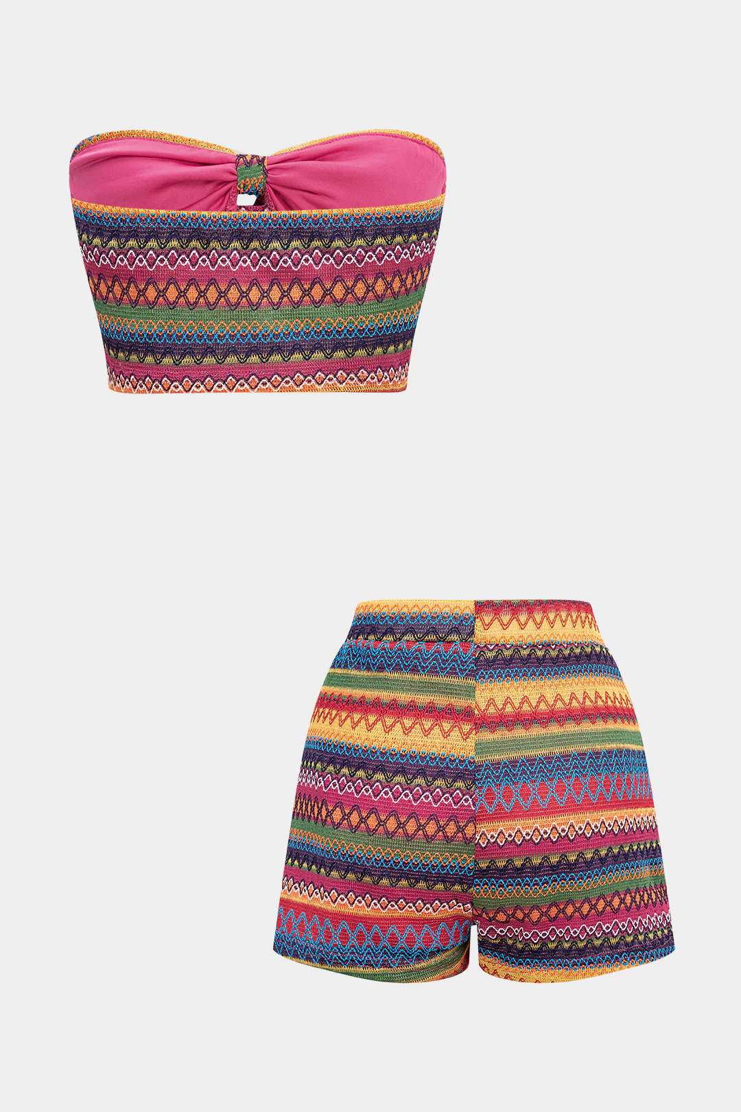 Multicolor Striped Tie Front Cropped Tube Top And High Waist Shorts Set - Image 2