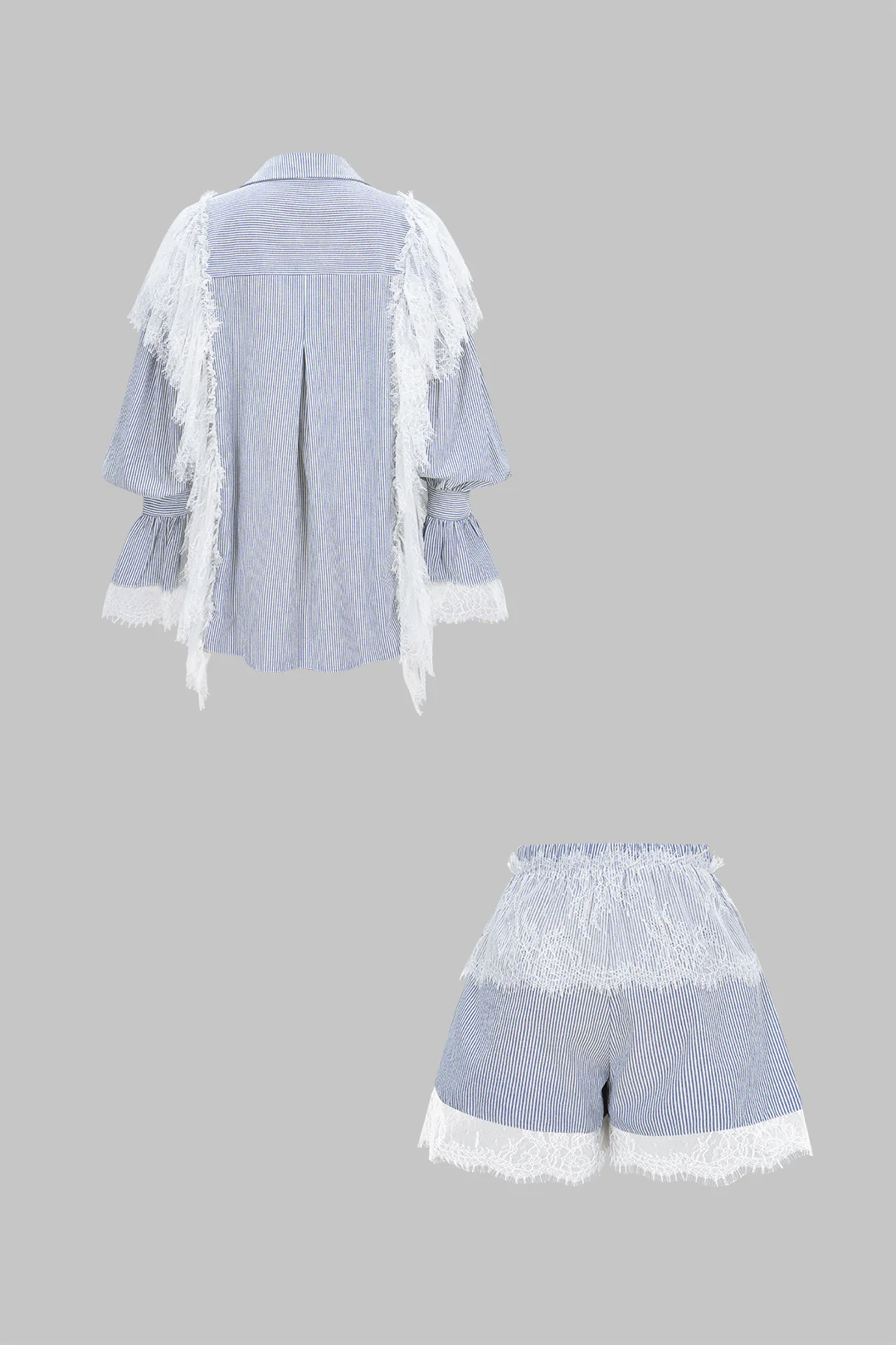 Stripes Print Patchwork Lace Lapel Flared Long Sleeve Shirt And Shirred Waistband Shorts Set - Image 2