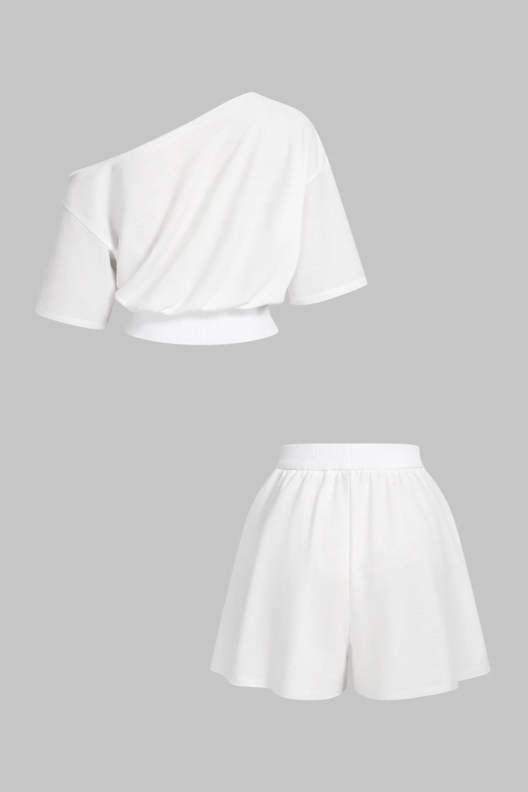 Solid One Shoulder Short Sleeve T-Shirt And Wide Leg Shorts Set - Image 2