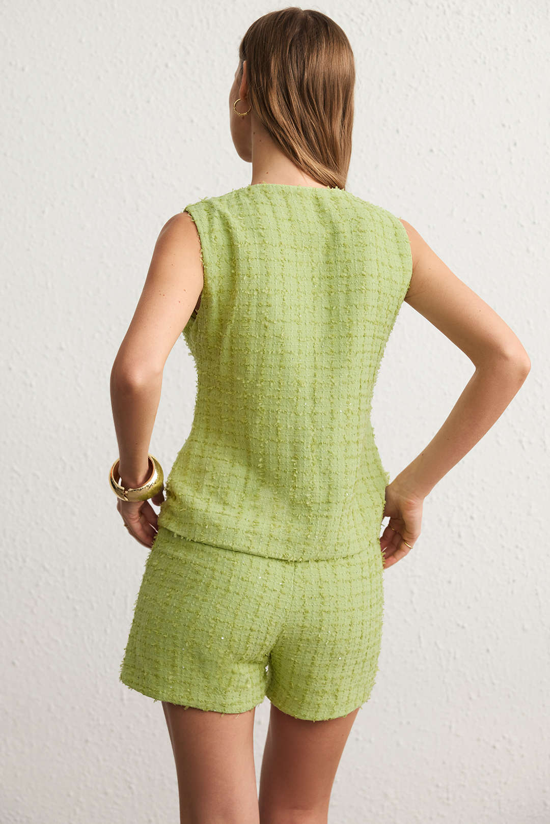 Textured Round Neck Button Vest And Shorts Set - Image 5