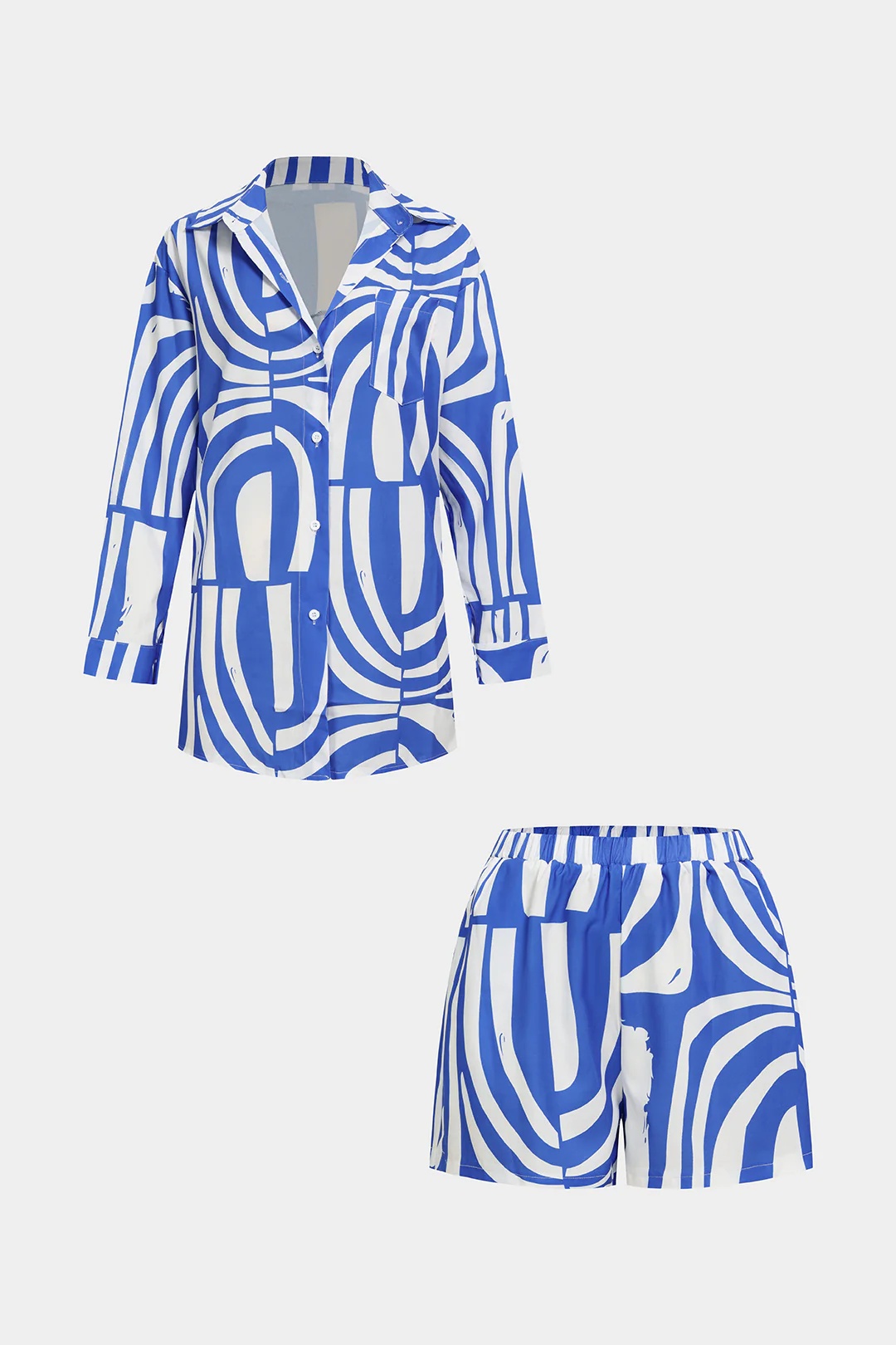 Abstract Print Lapel Long Sleeve Shirt And Shorts Set - Image 3