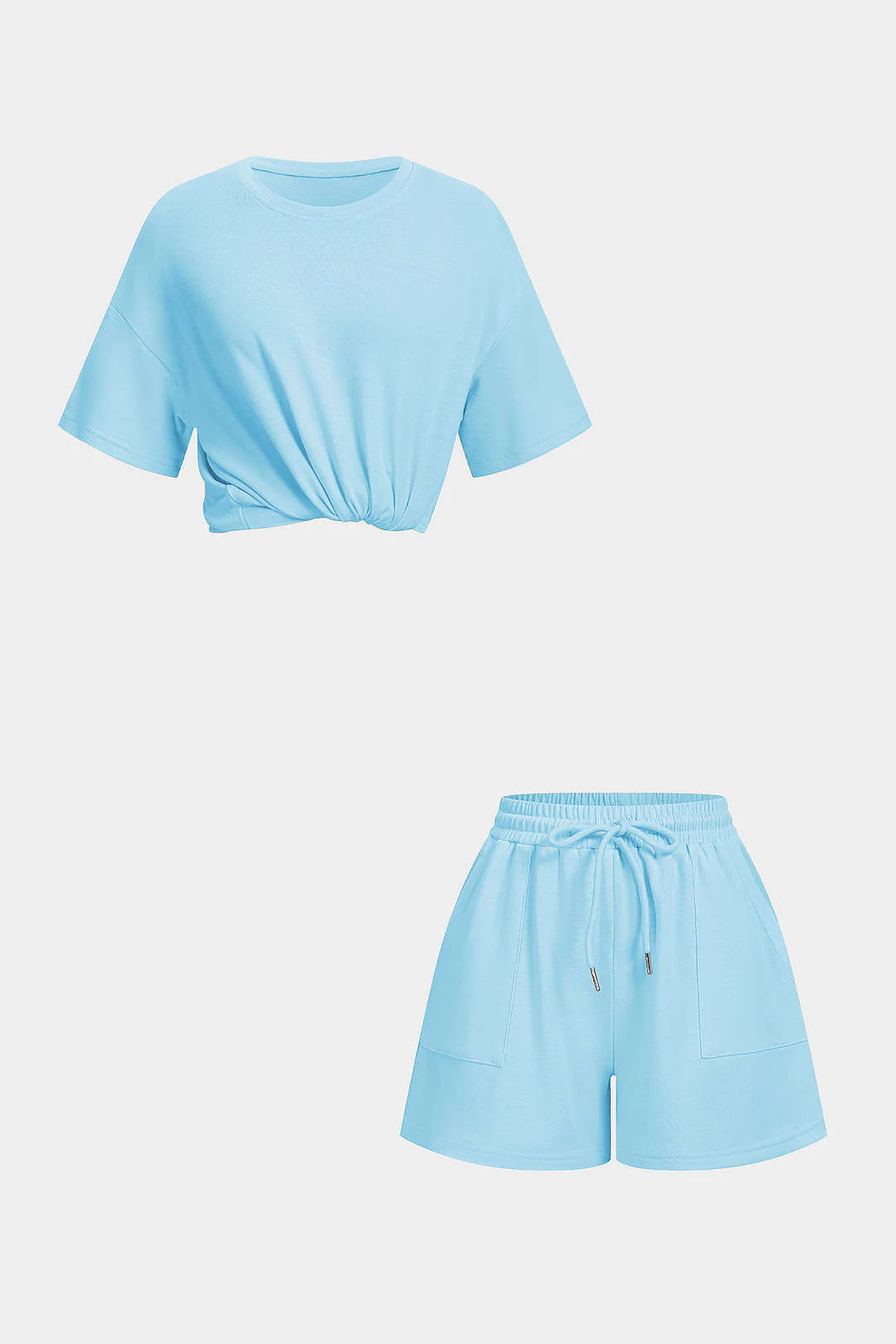 Solid Round Neck Top And Drawstring Shorts Set - Image 10