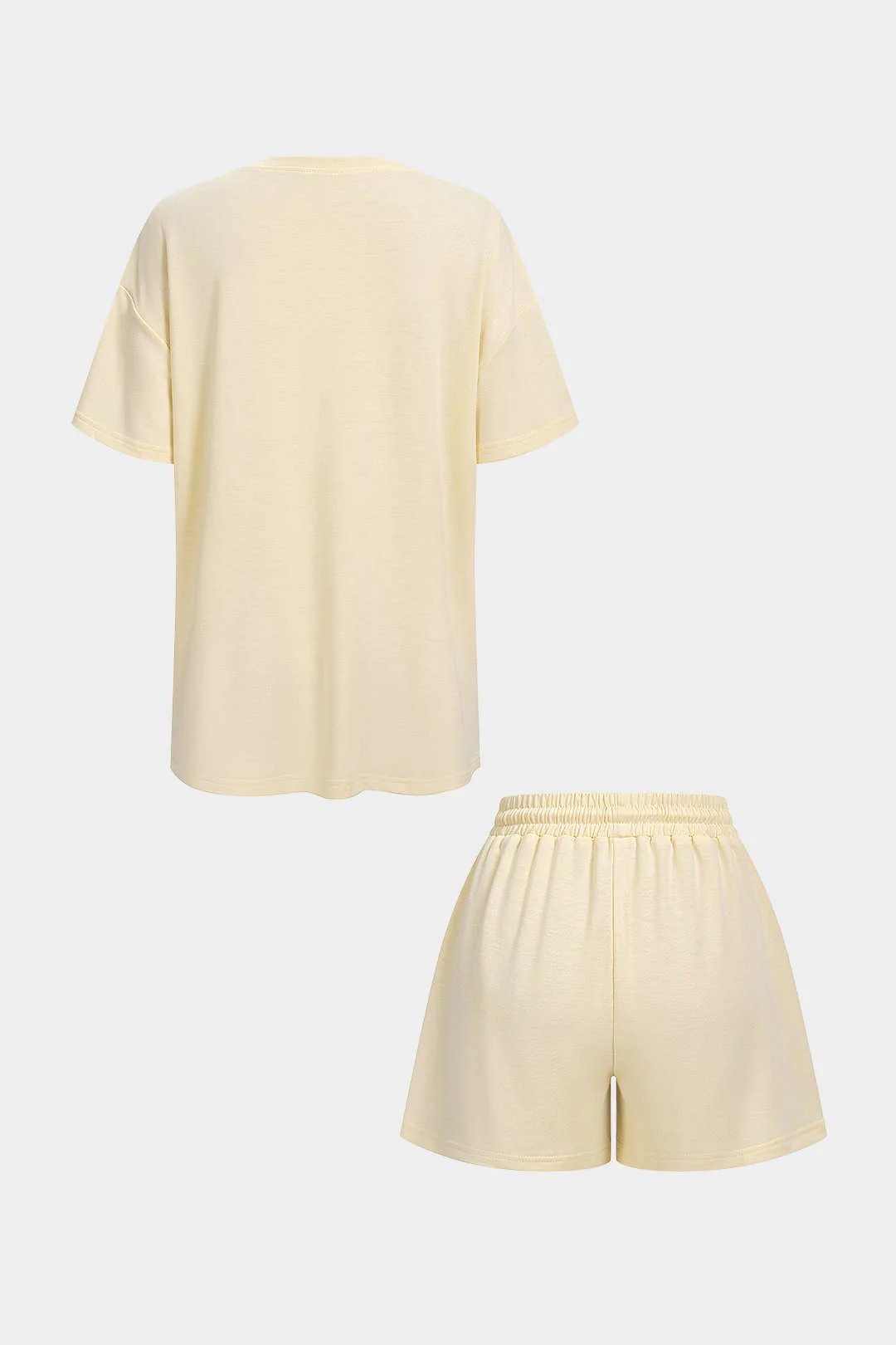 Solid Round Neck Top And Drawstring Shorts Set - Image 2