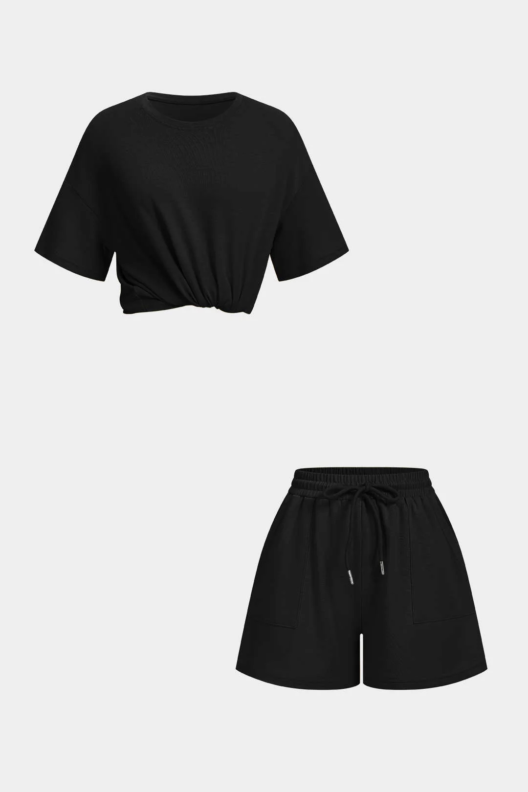 Solid Round Neck Top And Drawstring Shorts Set - Image 8