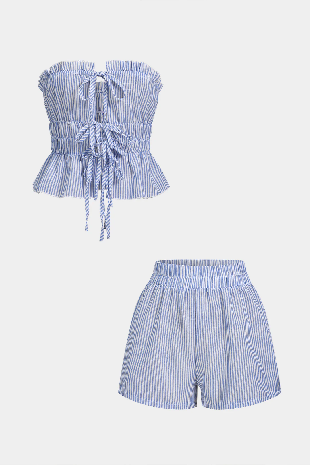 Stripes Print Ruffle Tie-Up Tube Top And Shirred Waistband Shorts Set