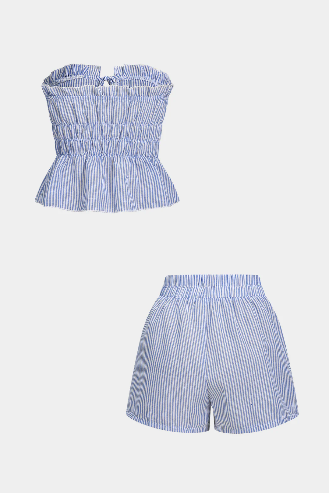Stripes Print Ruffle Tie-Up Tube Top And Shirred Waistband Shorts Set - Image 2