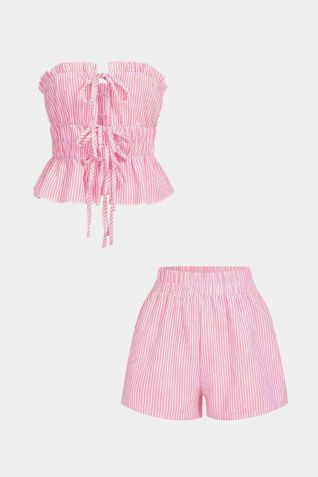Stripes Print Ruffle Tie-Up Tube Top And Shirred Waistband Shorts Set - Image 5