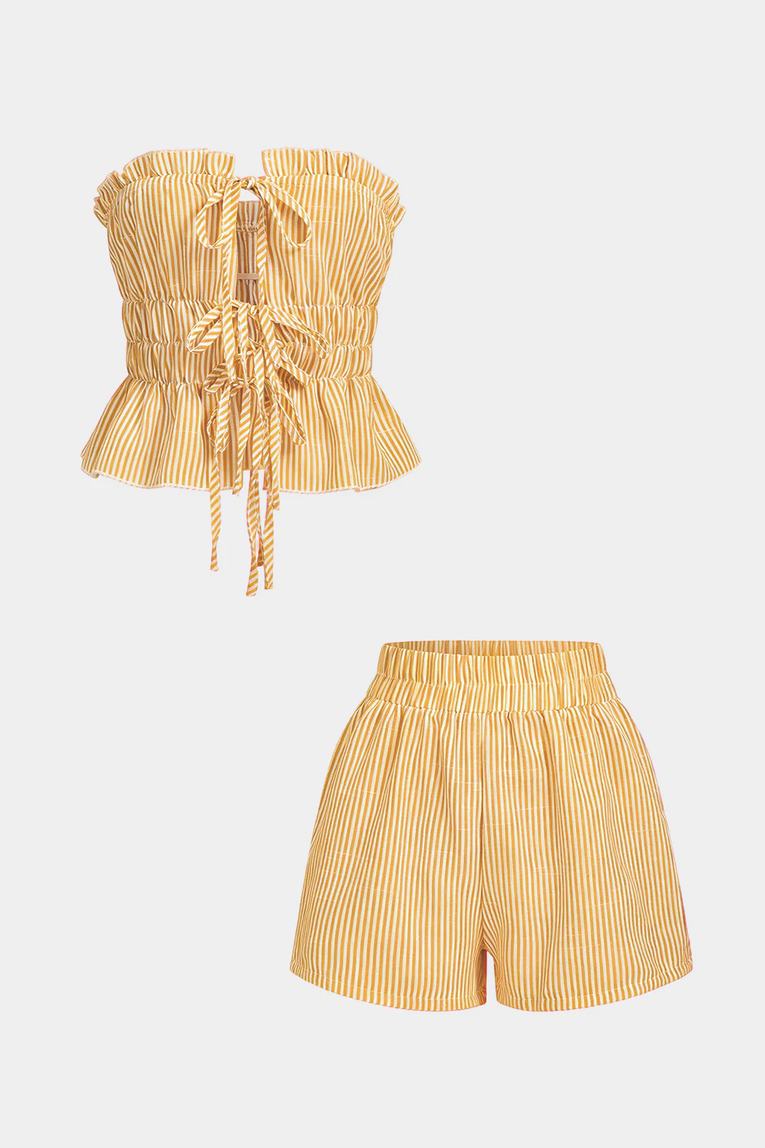 Stripes Print Ruffle Tie-Up Tube Top And Shirred Waistband Shorts Set - Image 6