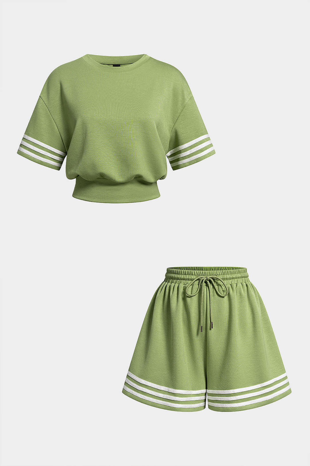 Striped Round Neck Short Sleeve T-Shirt And Drawstring Tie-Up Shorts Set - Image 2