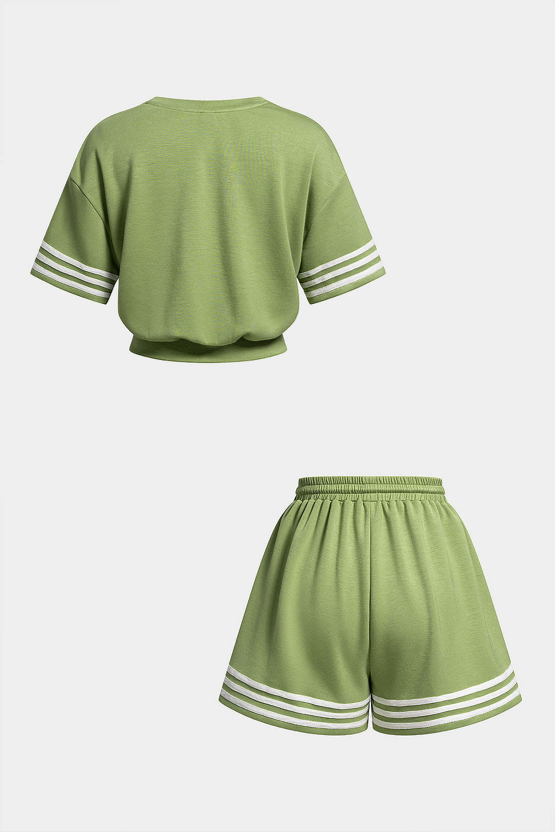 Striped Round Neck Short Sleeve T-Shirt And Drawstring Tie-Up Shorts Set - Image 3
