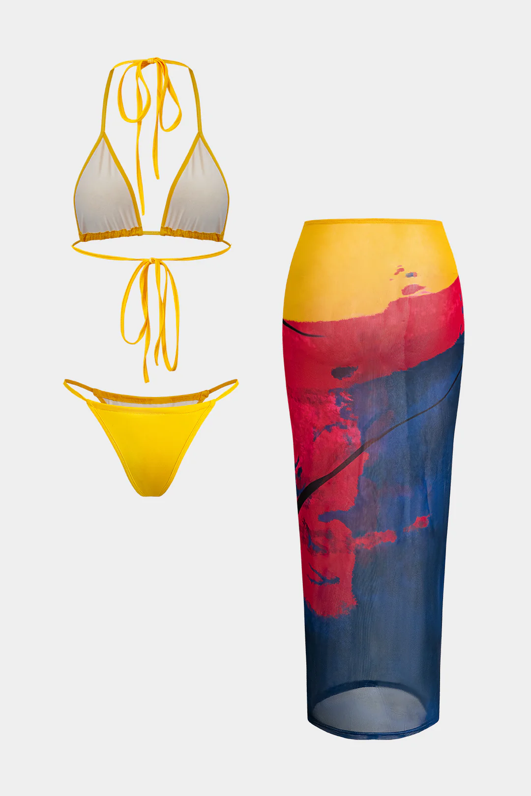 Halter Wrap Cover Up Three-Piece Bikini Set - Image 2