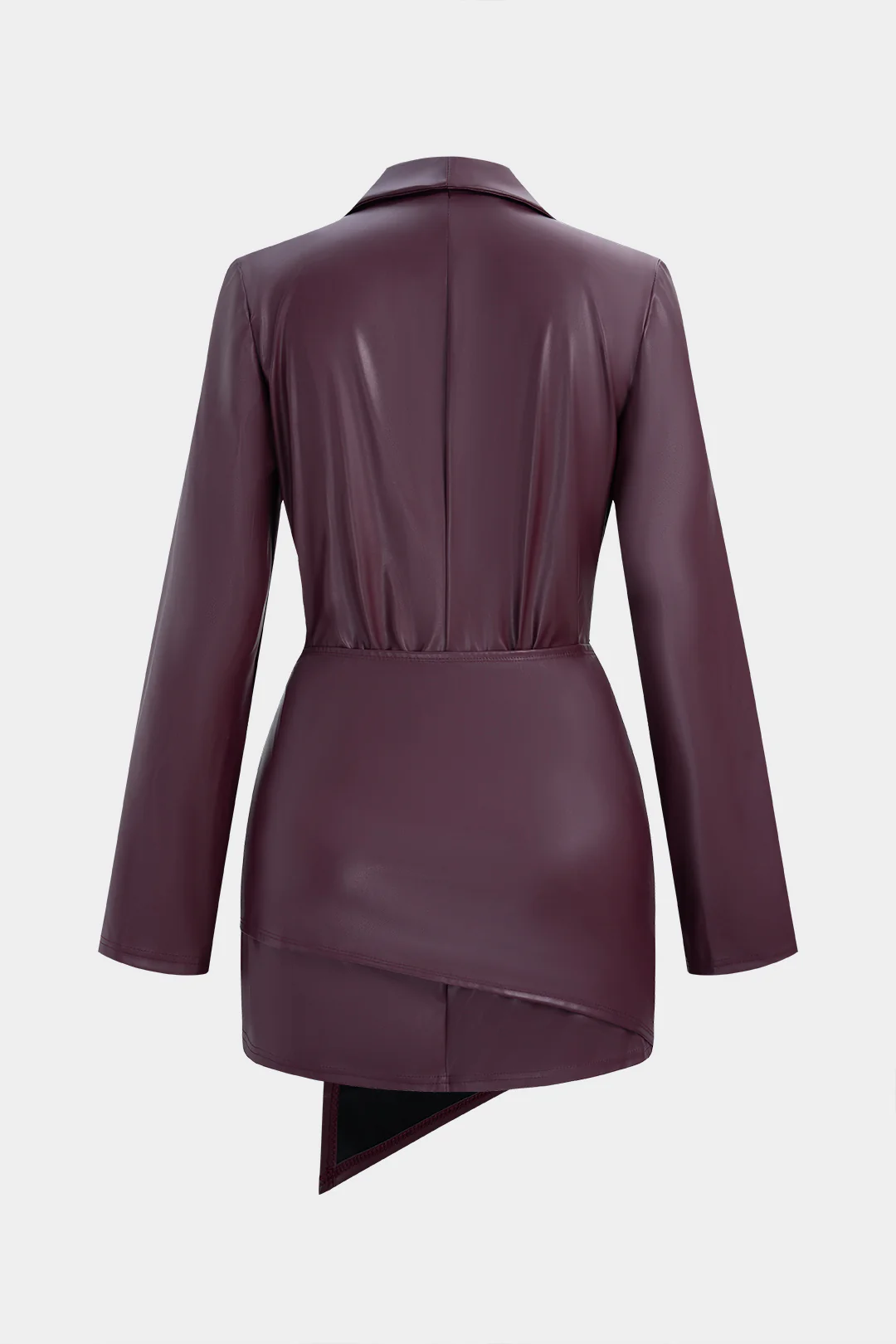Faux Leather V-Neck Button Long-Sleeve Dress And Irregular Draping Mini Skirt Set - Image 2