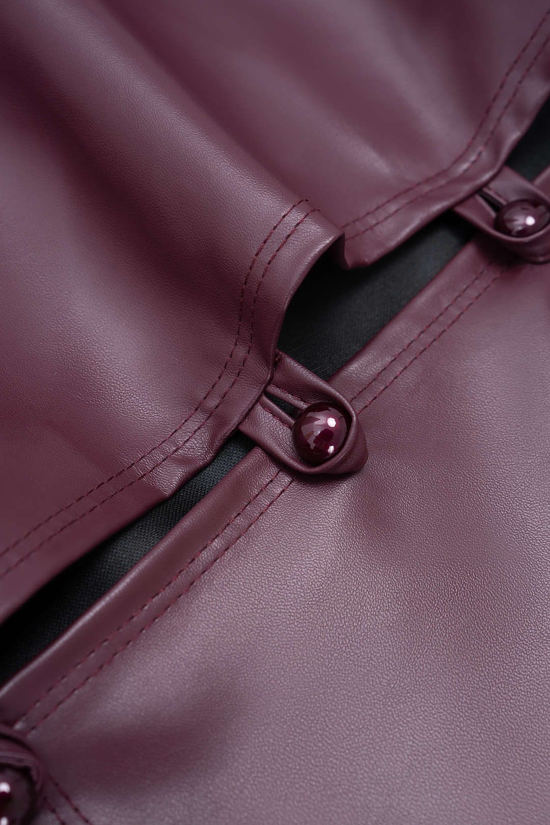 Faux Leather V-Neck Button Long-Sleeve Dress And Irregular Draping Mini Skirt Set - Image 3