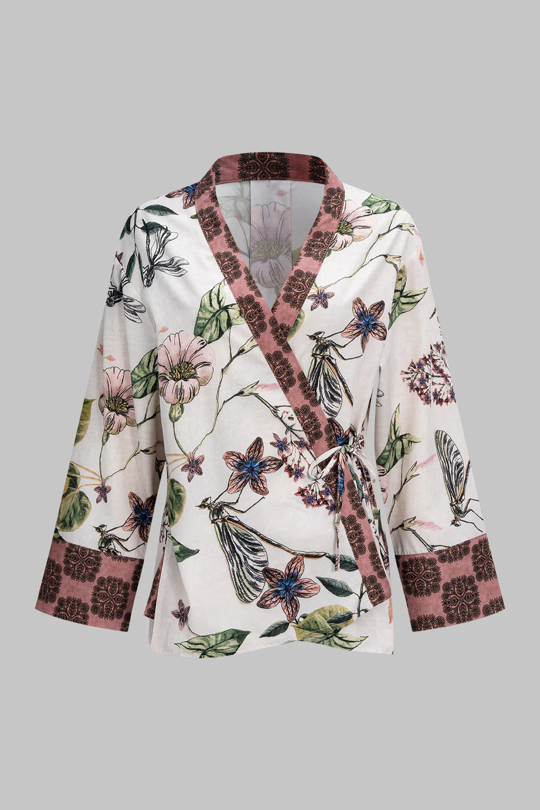 Floral Print V-Neck Tie-Up Long Sleeve Top