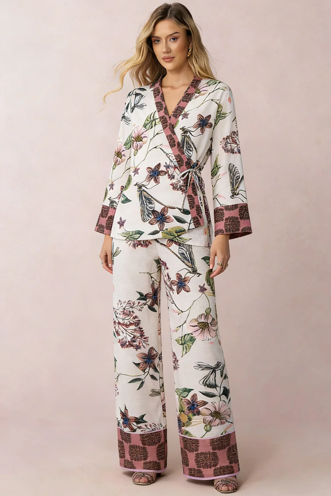 Floral Print V-Neck Tie-Up Long Sleeve Top - Image 2