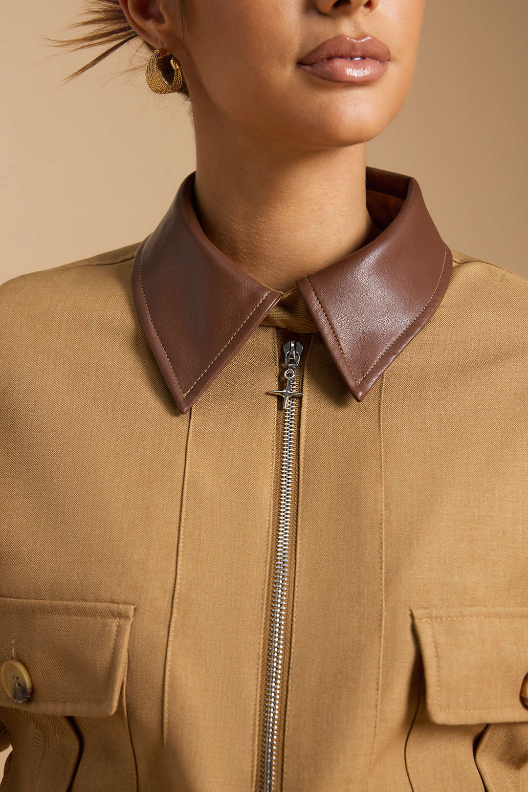 Zipper Patchwork Drawstring Batwing Sleeve Jacket - Image 3