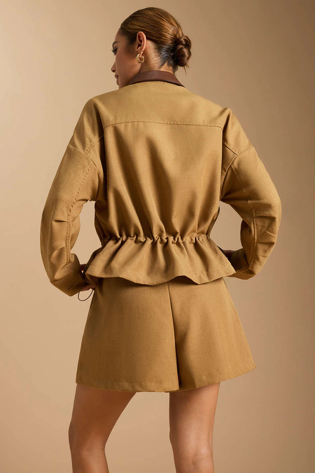 Zipper Patchwork Drawstring Batwing Sleeve Jacket - Image 5