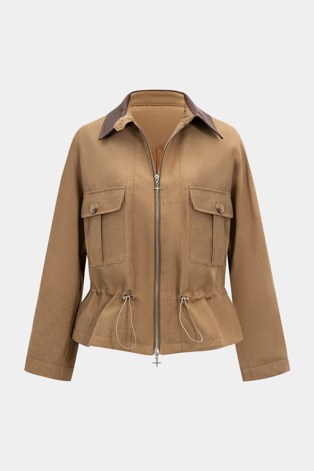 Zipper Patchwork Drawstring Batwing Sleeve Jacket - Image 6