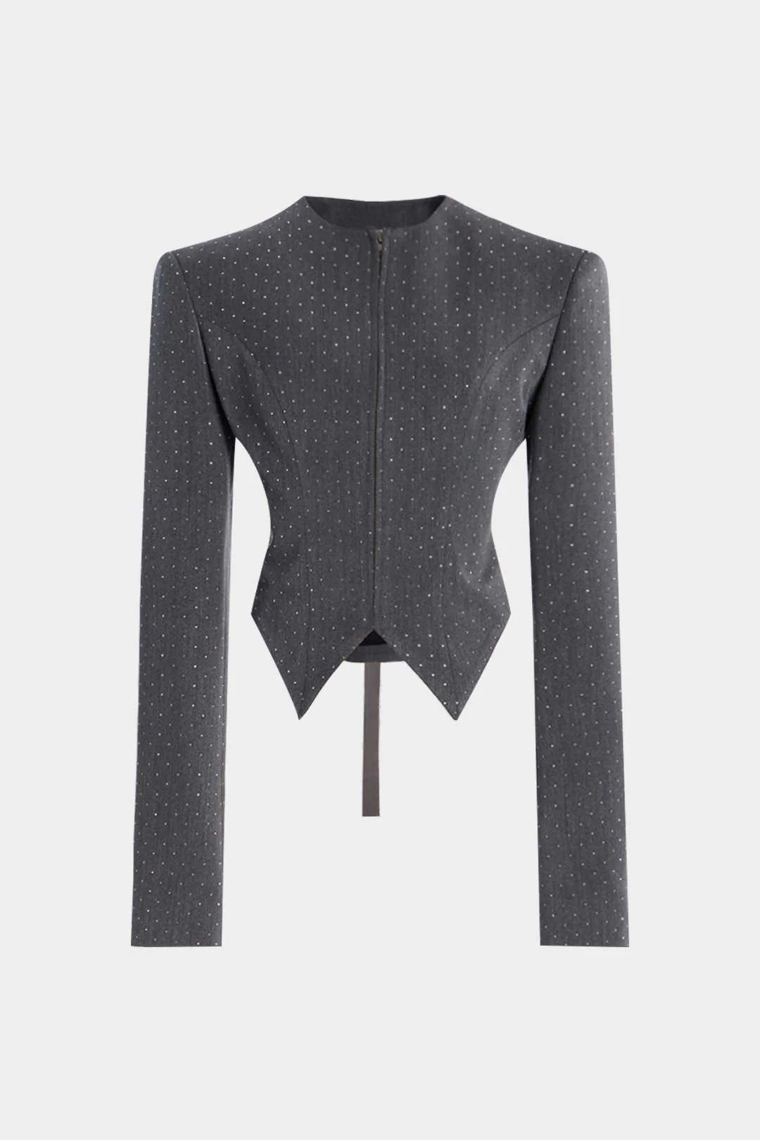 Diamond Print Zipper Belted Long-Sleeve Top