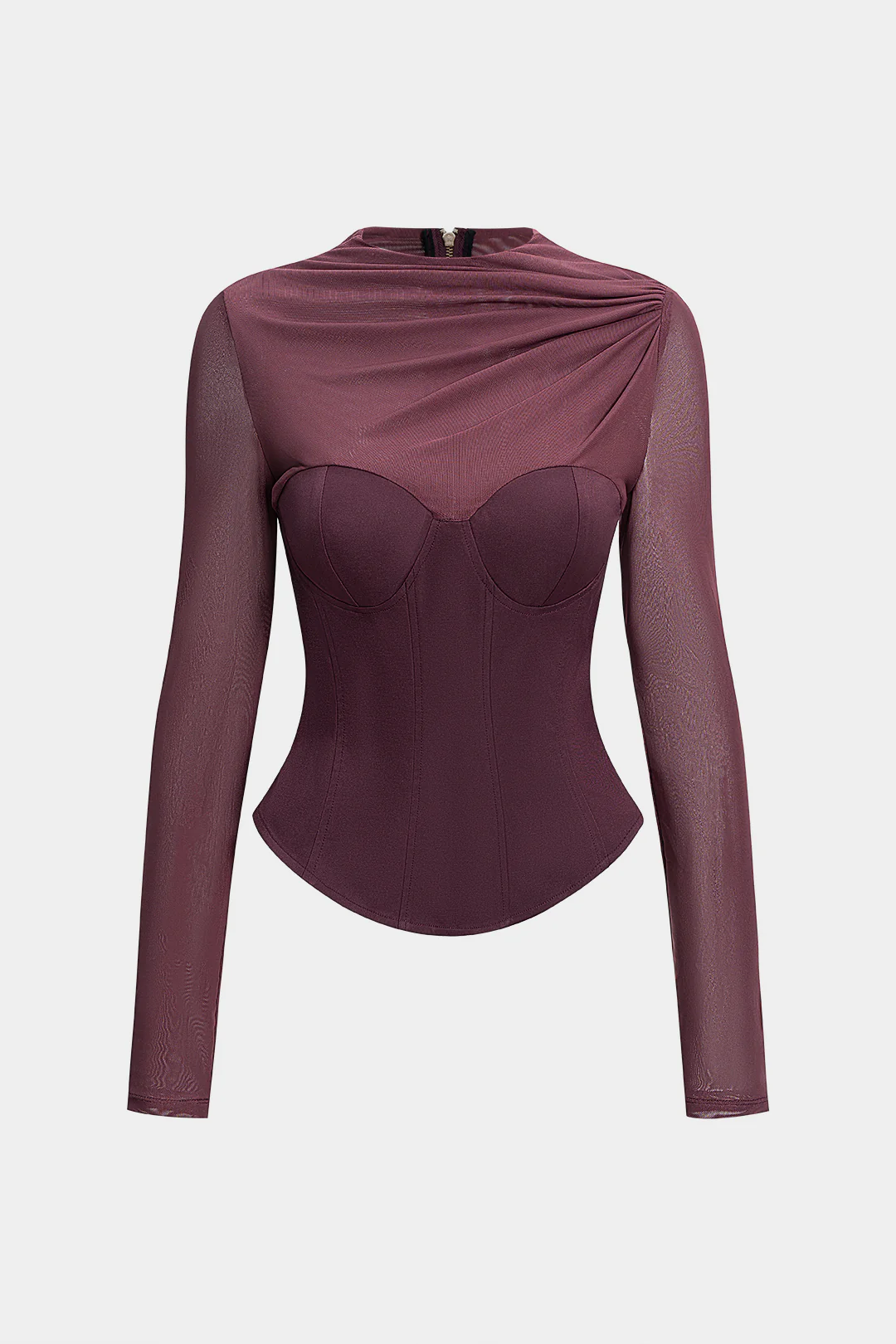 Mesh Patchwork Asymmetrical Ruched Long-Sleeve Top