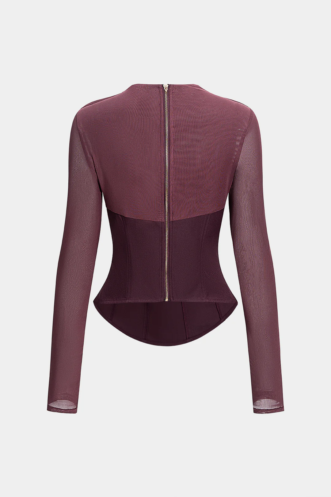 Mesh Patchwork Asymmetrical Ruched Long-Sleeve Top - Image 2