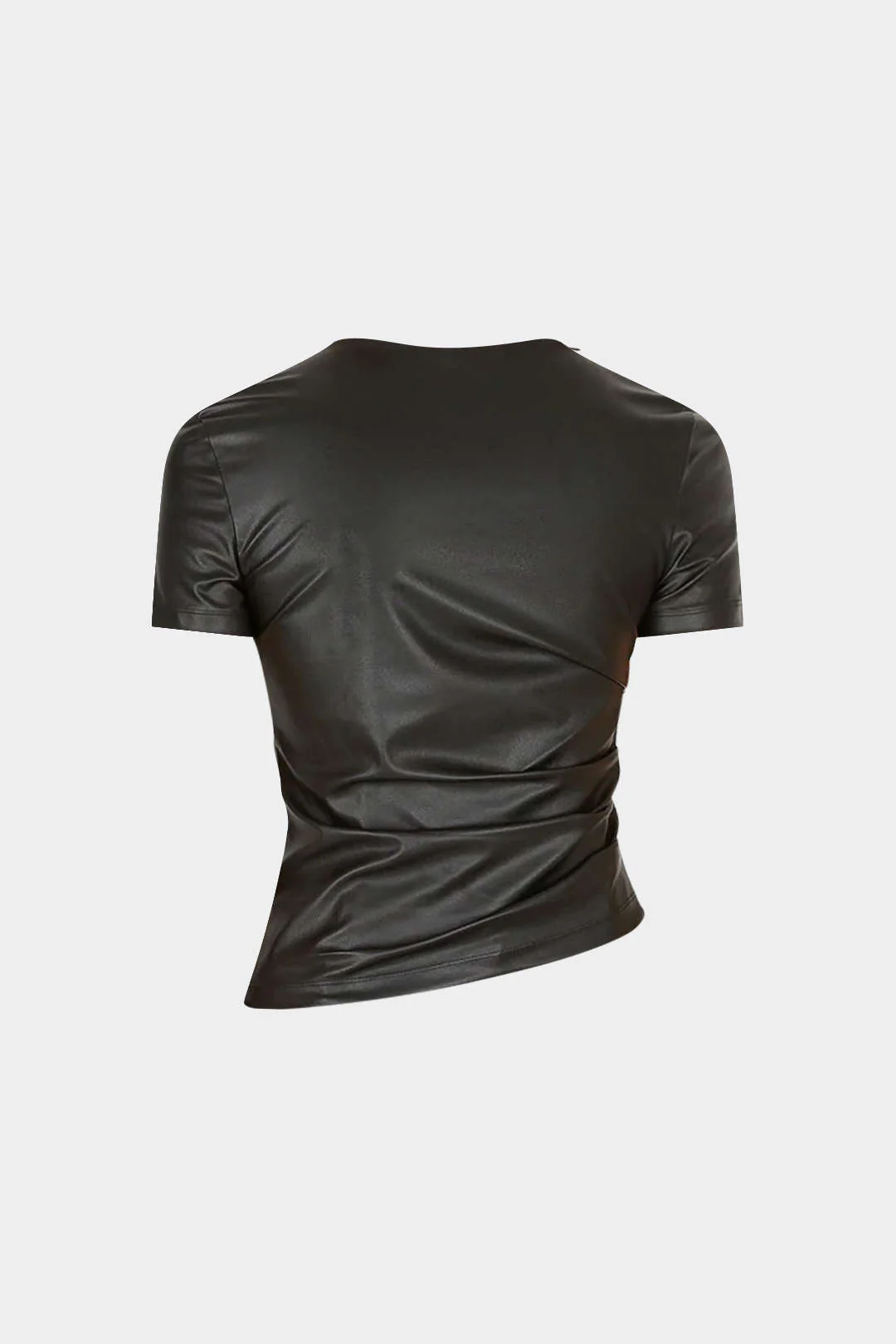 Faux Leather Round Neck Ruched Short-Sleeve Top - Image 2