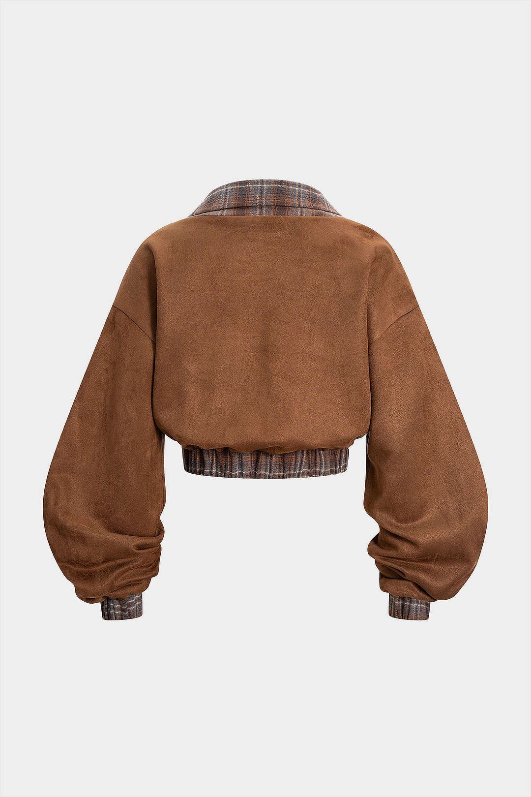 Plaid Print Suede Patchwork Button Shirred Waistband Sweatshirt - Image 2