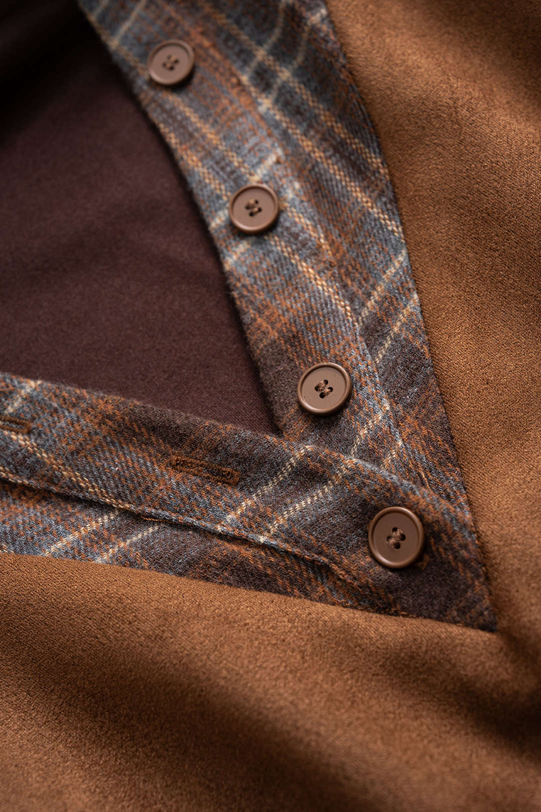 Plaid Print Suede Patchwork Button Shirred Waistband Sweatshirt - Image 3