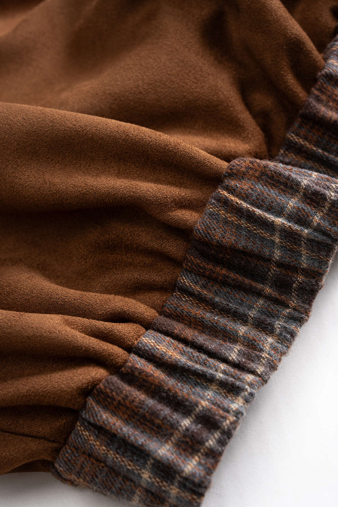 Plaid Print Suede Patchwork Button Shirred Waistband Sweatshirt - Image 4