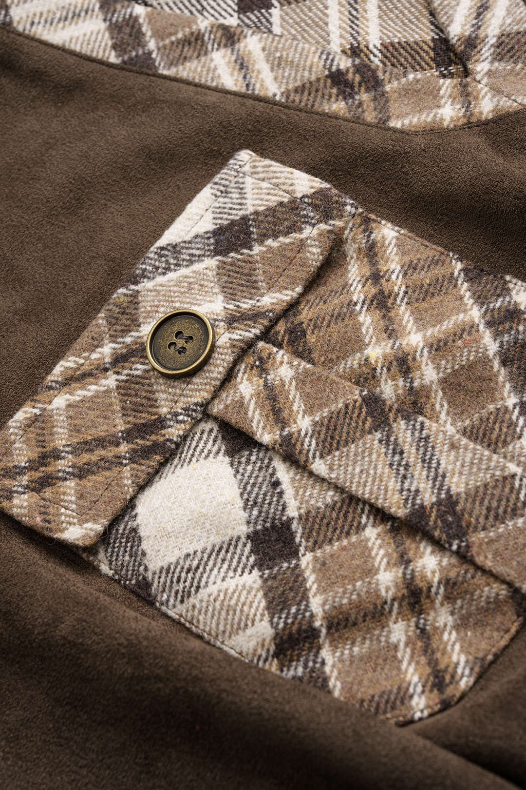 Plaid Color Block Print Suede V-Neck Pocket Sweatshirt - Image 3