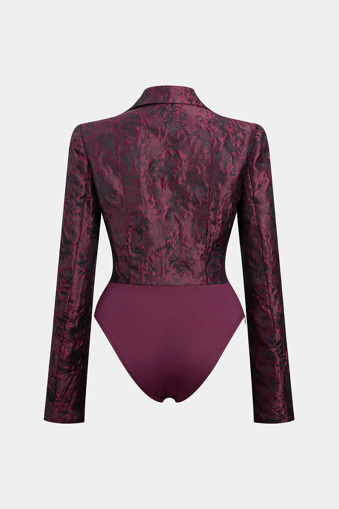 Floral Print Jacquard Notched Lapel Long Sleeve Bodysuit - Image 2