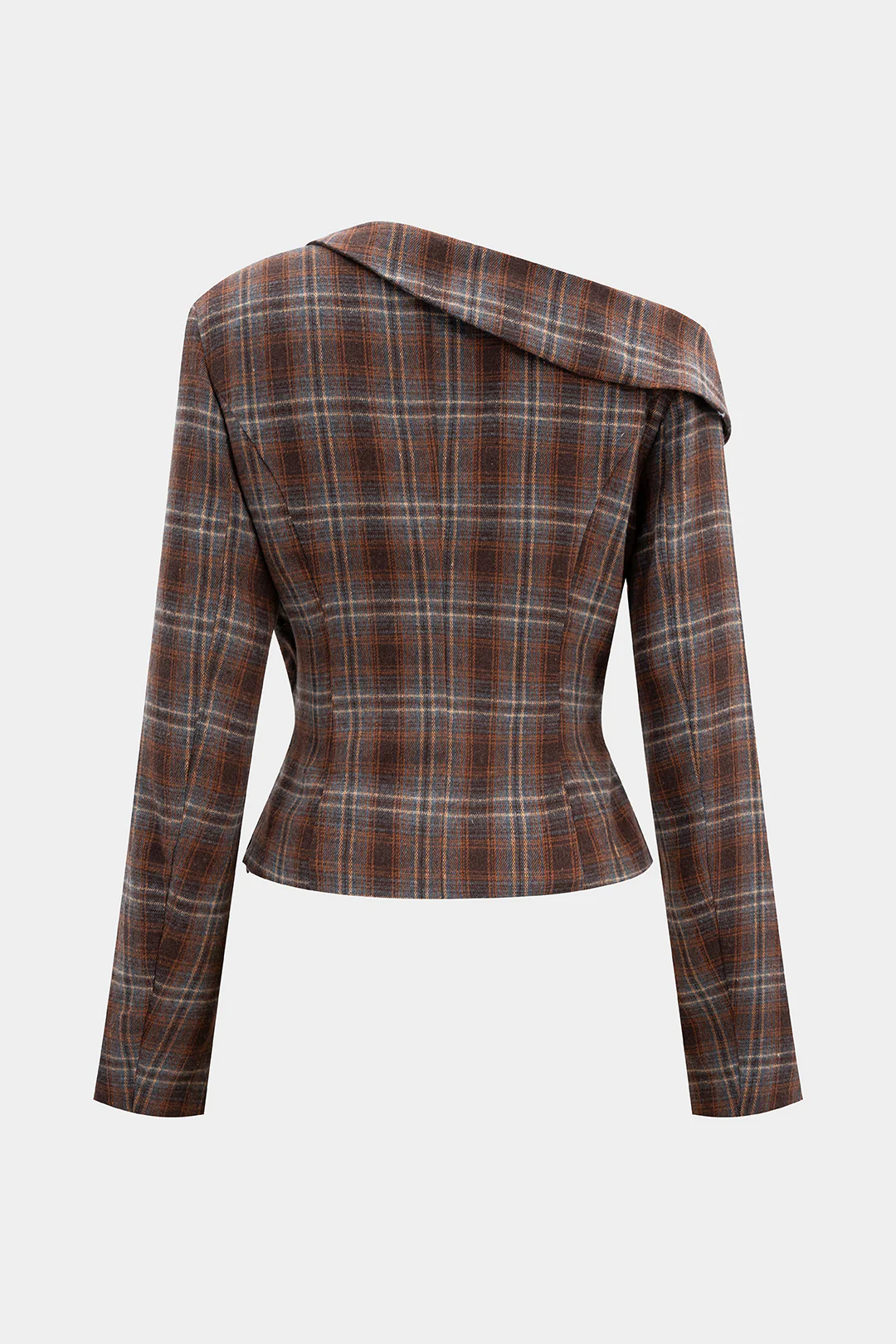 Plaid Print Asymmetrical One Shoulder Ruched Long-Sleeve Top - Image 2