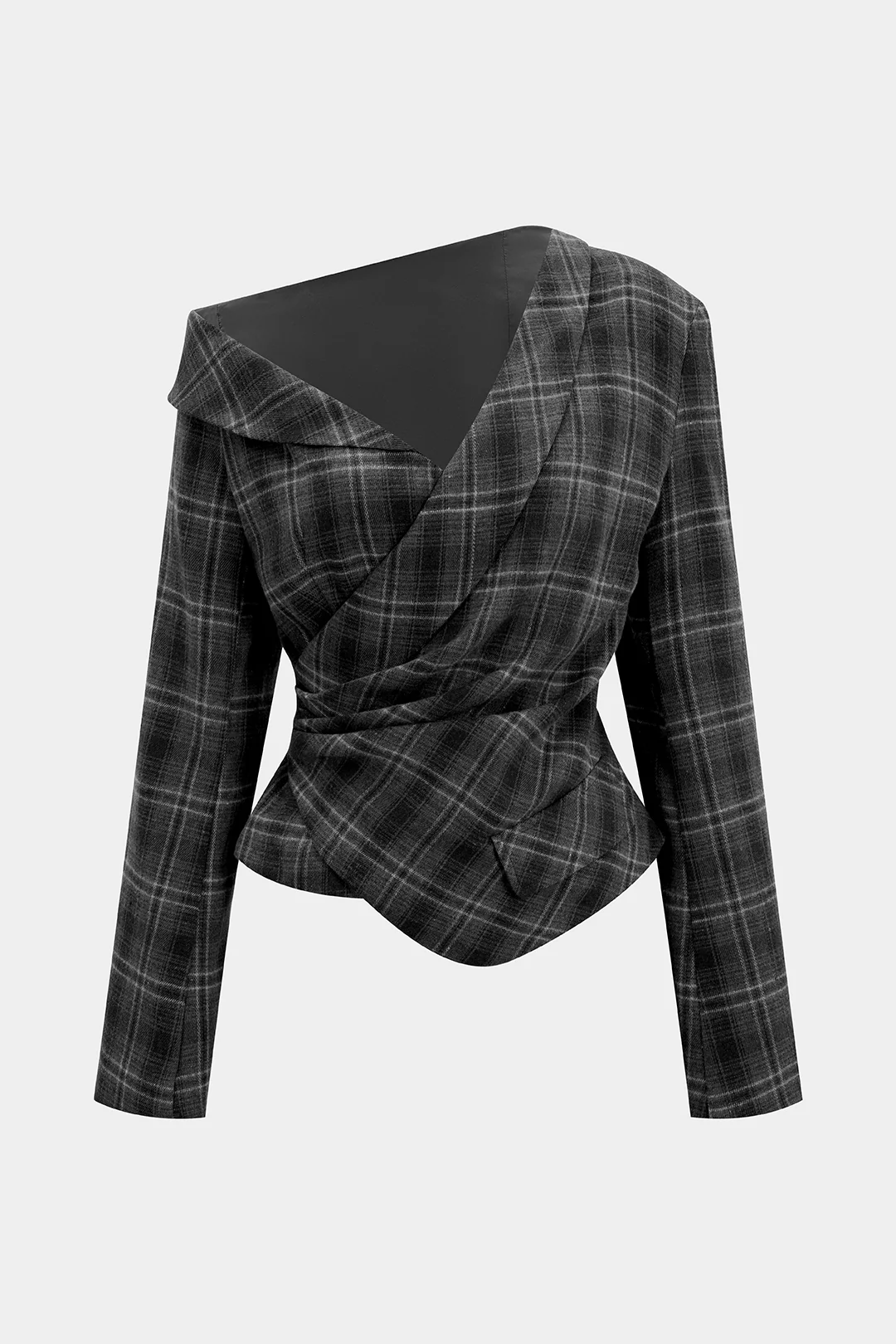 Plaid Print Asymmetrical One Shoulder Ruched Long-Sleeve Top - Image 6